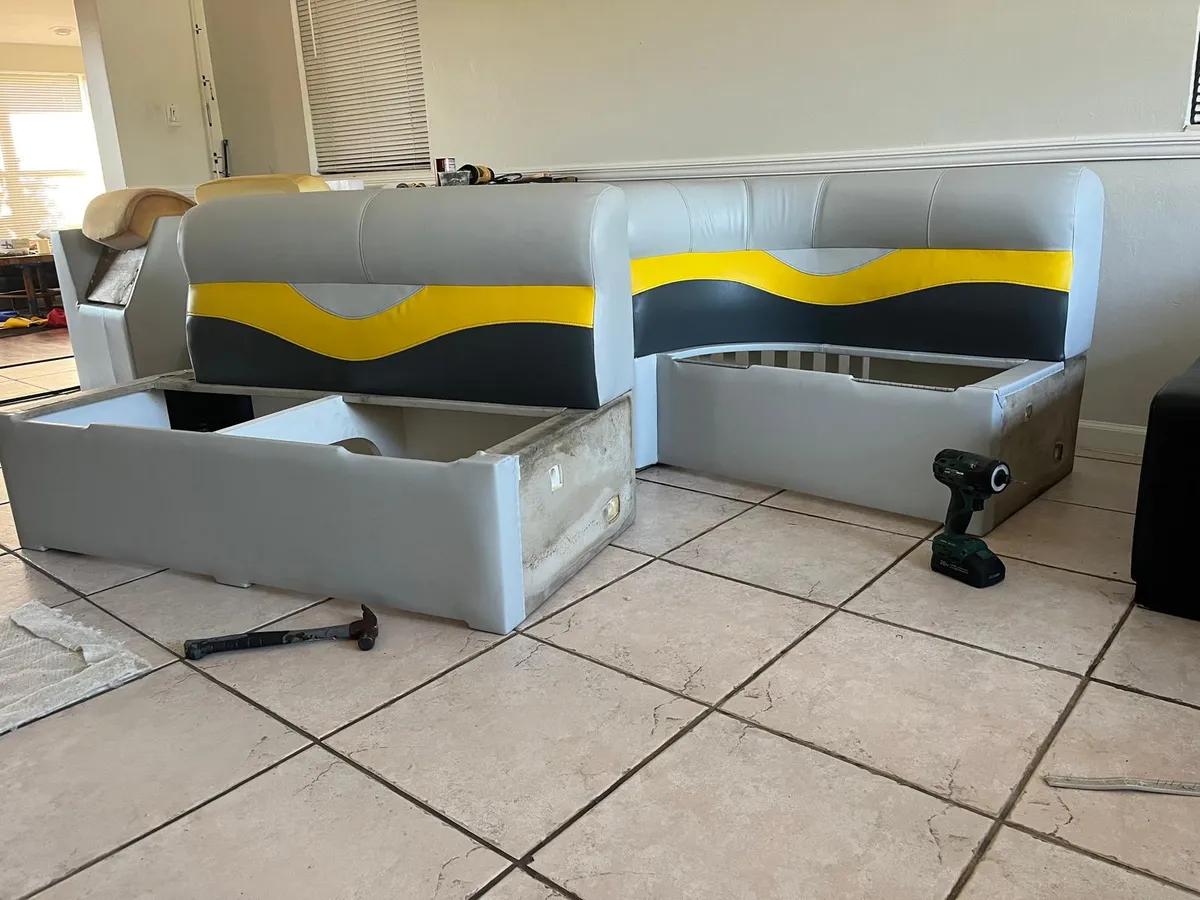 Pontoon boat bench seat reupholstery before 10