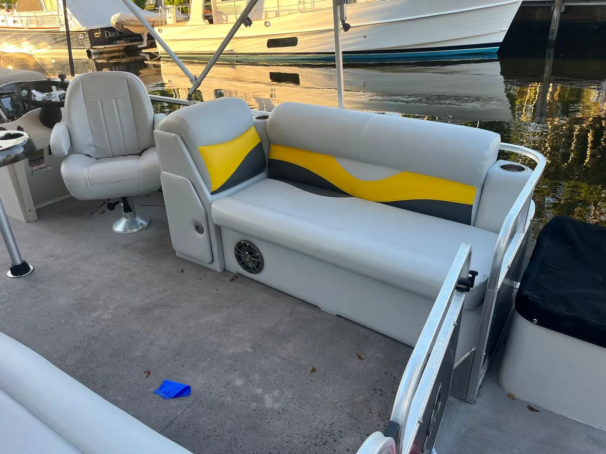 Pontoon boat bench seat reupholstery before 11