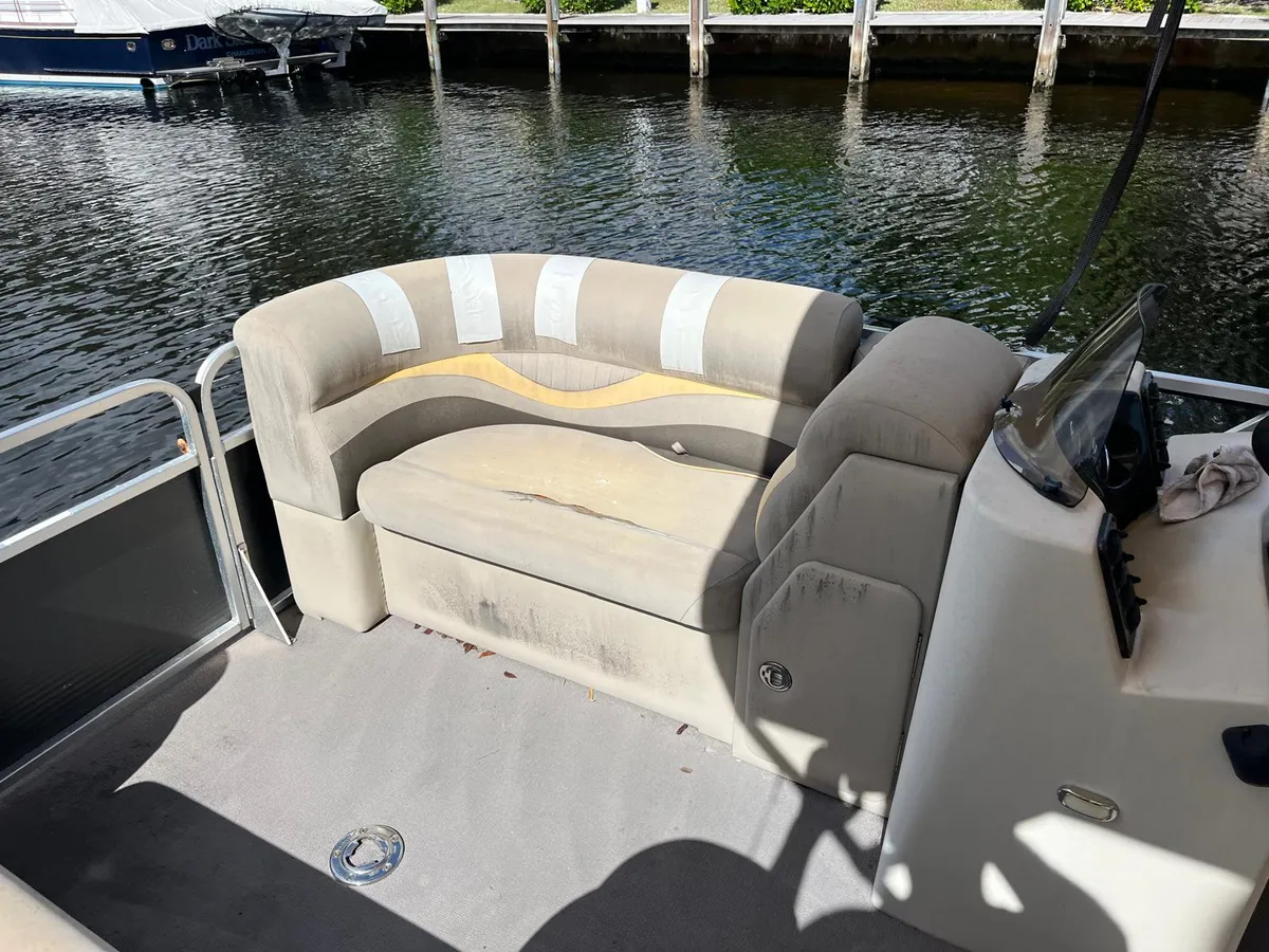 Pontoon boat bench seat reupholstery before 3